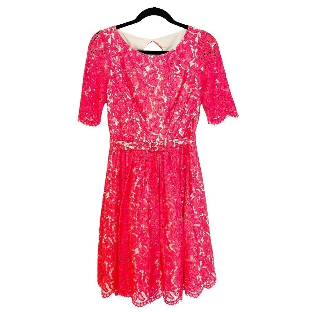 Eliza J Belted Lace Fit and Flare Dress Short Sleeves Red Women's Size 2 - Picture 5 of 15
